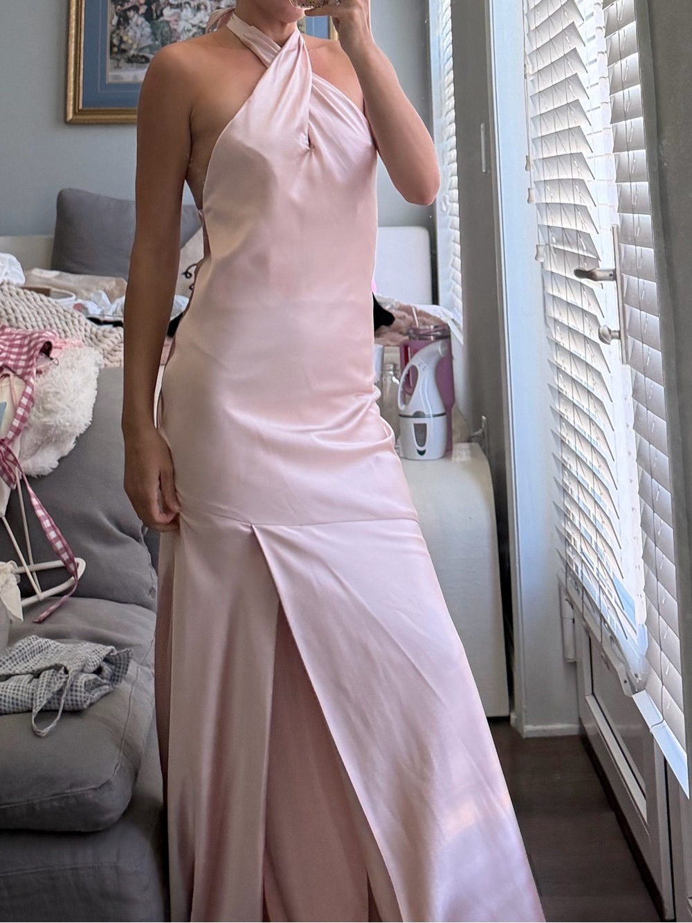 Revelry plunge Satin Slip Dress in Pale Blush
